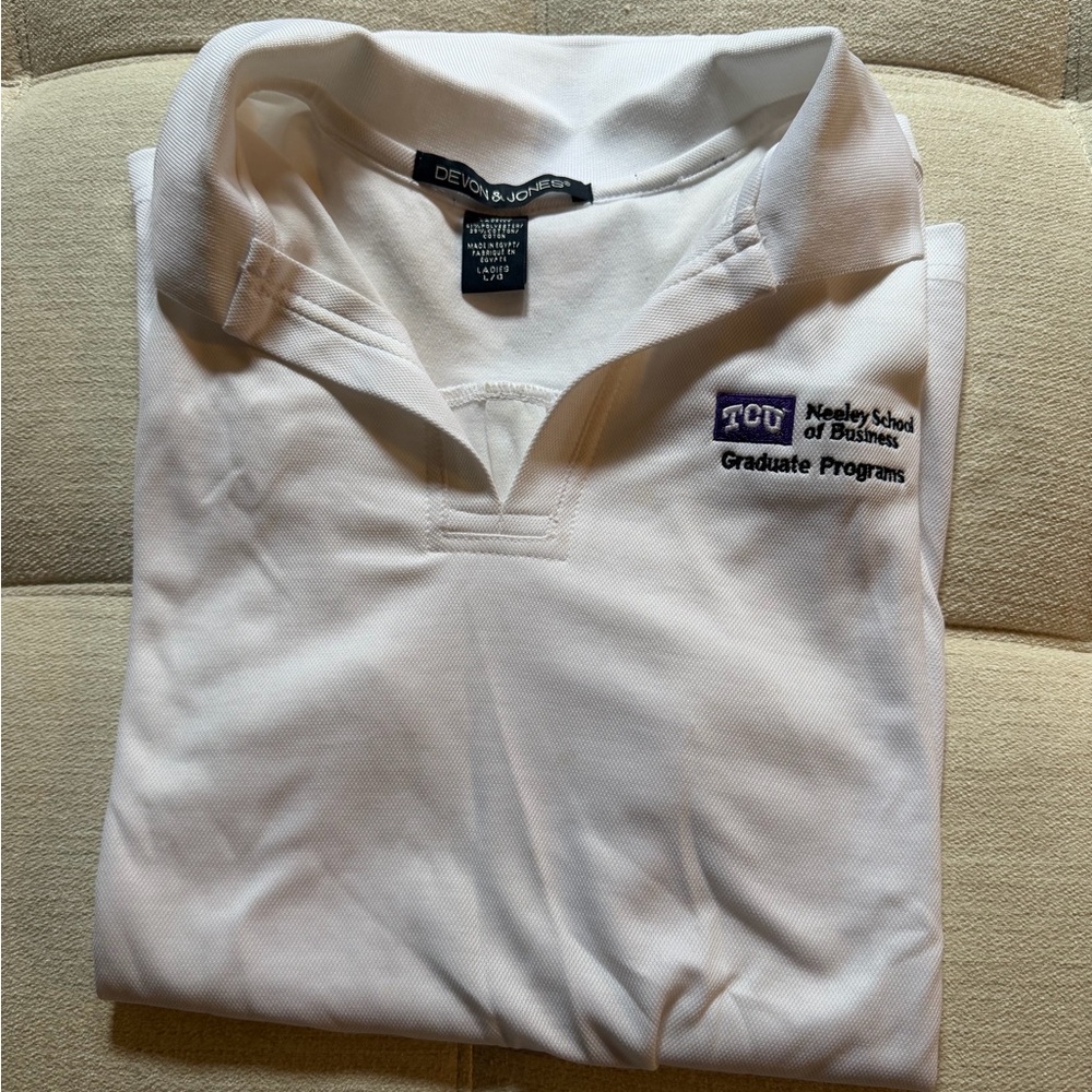 White Polo Shirt with TCU Business School Embroidery Size Large